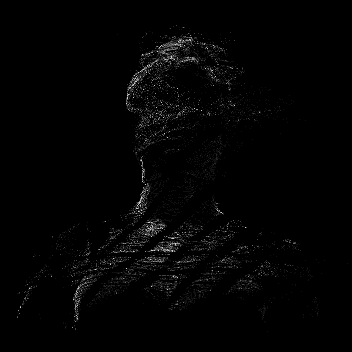 Point-cloud scan of Echo, head tilted back, face wrapped in cloth.